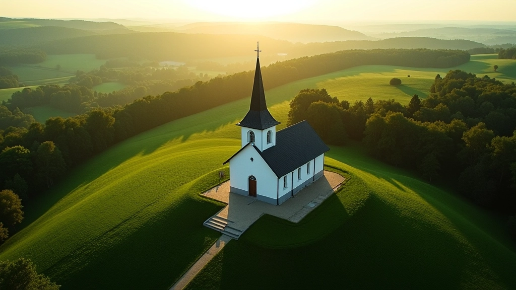 Gražus vaizdas ant bažnyčios ir žaliųjų laukų