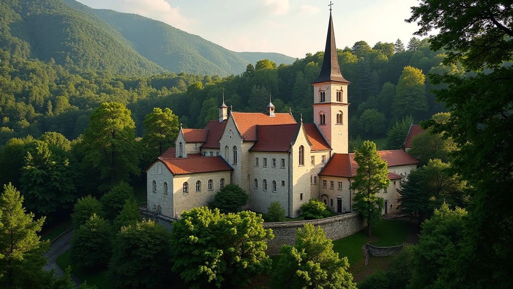 Tytuvėnų vienuolyno kompleksas medžių apsuptas, romantinis architektūros vaizdas