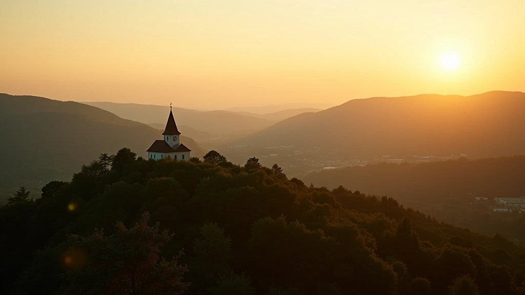 Žiūrint nuo šventos vietos — kalnai, miškai ir tolimoji šventoji bazilika horizonte